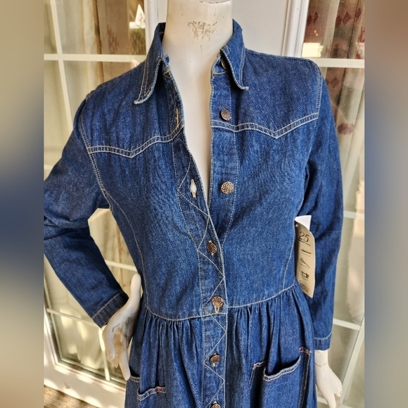 Vintage 80s Western Long Sleeve Denim Maxi Dress - Picture 4 of 7